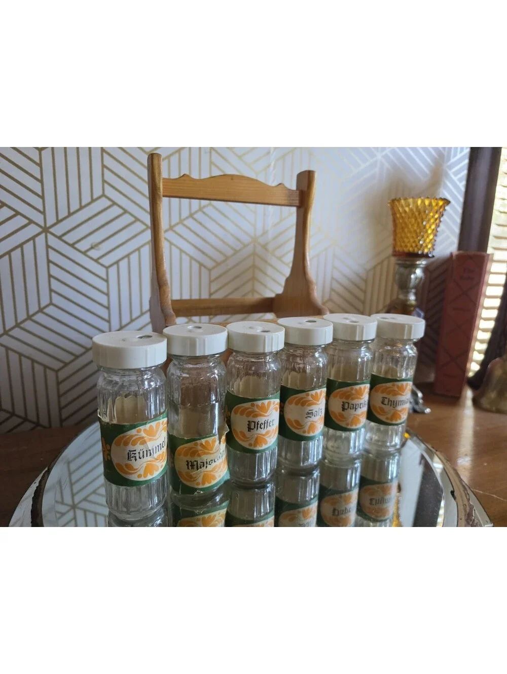 Vintage Wooden Spice Caddy W 6 Glass Jars With Dispenser Lids